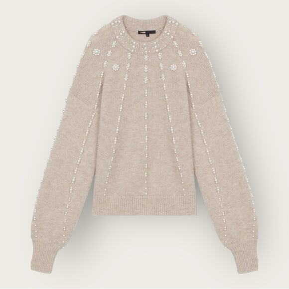 NWTWD | Maje | Pull En Maille Ave Pearl Crew Sweater | Beige | Size 3 | Size L - Picture 1 of 16